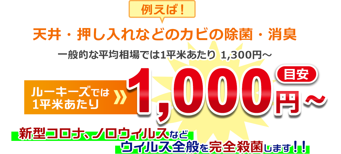 例えば！天井・押し入れなどのカビの除菌・消臭 一般的な平均相場では1平米あたり1,300円～（目安） ルーキーズでは1平米あたり1,000円～新型コロナ、ノロウイルスなどウイルス全般完全殺菌します！！